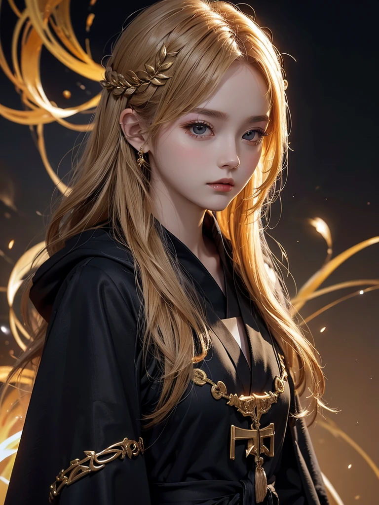 Runic Background、Wearing a black robe、Mage's Clothing、golden hair color、look at the viewer、masterpiece、cute woman、Wearing elegant school clothes