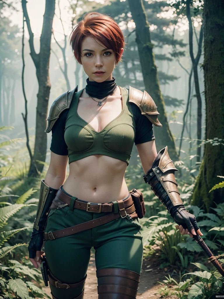 slim feminine figure, redhead, best quality, realistic skin texture, photography, film grain texture and high contrast, extremely high-resolution details, photographic, photorealistic, hyper-realistic, HDR, masterpiece, ((short pixie hair)), dressed up as a hunter from world of warcraft, full hunter armor, a green lust forest in the background, brown pants, armored shoulder-pads, a bow