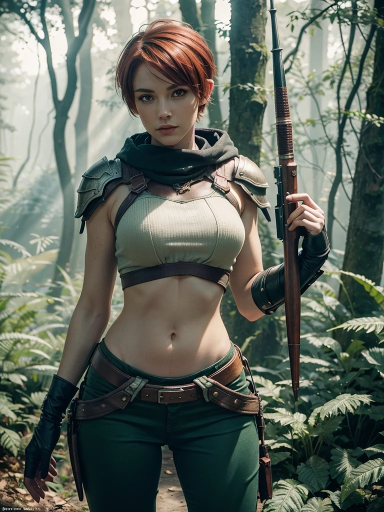 slim feminine figure, redhead, best quality, realistic skin texture, photography, film grain texture and high contrast, extremely high-resolution details, photographic, photorealistic, hyper-realistic, HDR, masterpiece, ((short pixie hair)), dressed up as a hunter from world of warcraft, full hunter armor, a green lust forest in the background, brown pants, armored shoulder-pads, a bow