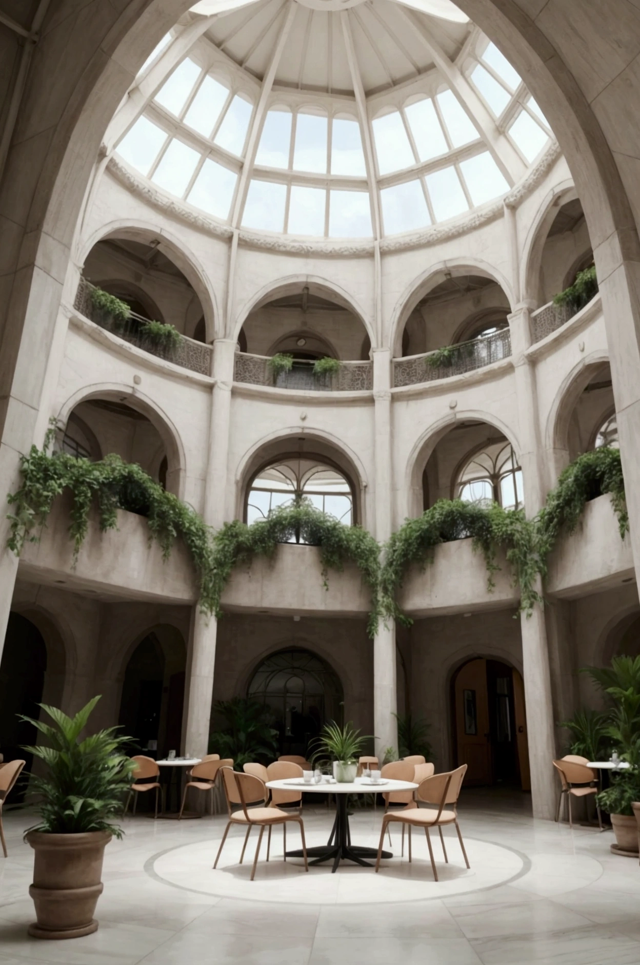 It is a vaulted structure with a circular dome and is glazed to allow a view of the greenery outside.The walls are made of white stone with decorative arched window frames.The interior is lush, with tropical plants in wooden flowerpots.White Eames chair-like chairs and round tables give the space a café-like atmosphere.Overall, the space is bright and open, with a natural atmosphere.