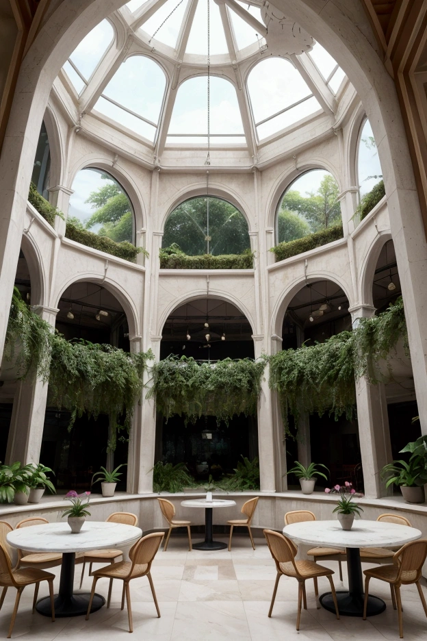 It is a vaulted structure with a circular dome and is glazed to allow a view of the greenery outside.The walls are made of white stone with decorative arched window frames.The interior is lush, with tropical plants in wooden flowerpots.White Eames chair-like chairs and round tables give the space a café-like atmosphere.Overall, the space is bright and open, with a natural atmosphere.