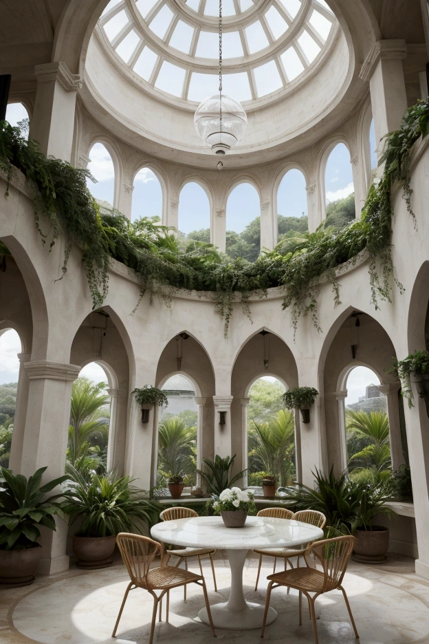 It is a vaulted structure with a circular dome and is glazed to allow a view of the greenery outside.The walls are made of white stone with decorative arched window frames.The interior is lush, with tropical plants in wooden flowerpots.White Eames chair-like chairs and round tables give the space a café-like atmosphere.Overall, the space is bright and open, with a natural atmosphere.