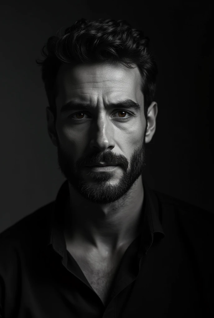 Black and white realistic pic of a 40 years old sexy israeli good looking nice man with a little beard in the dark