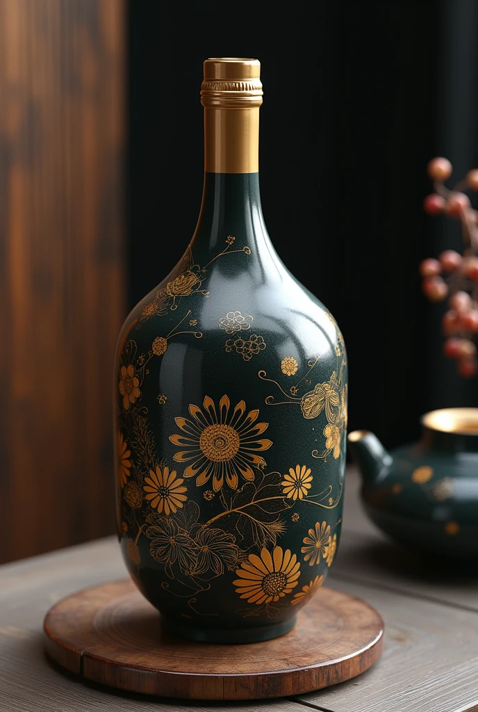 A wine bottle，Chinese Wine Pot，Has rounded edges，design，Elegant ceramic material，There is a golden Chinese medicine pattern，Trendy bottle design，High-end，Gao Yade，Streamlined texture，Metal bottle caps，golden bottle cap，high quality，surreal style