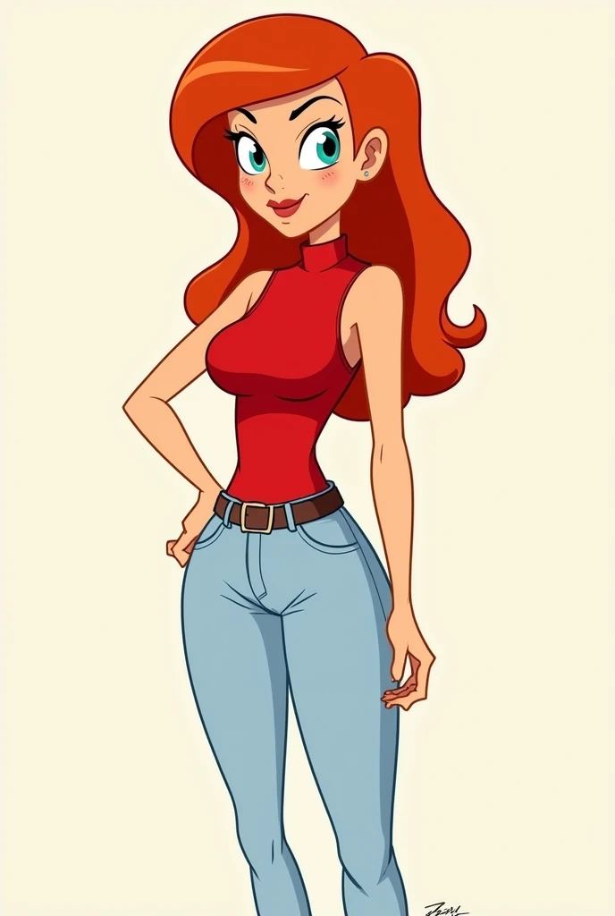 Candace from Phineas and Ferb wearing her red sleeveless turtleneck polo but instead of her white skirt she wears light blue jeans