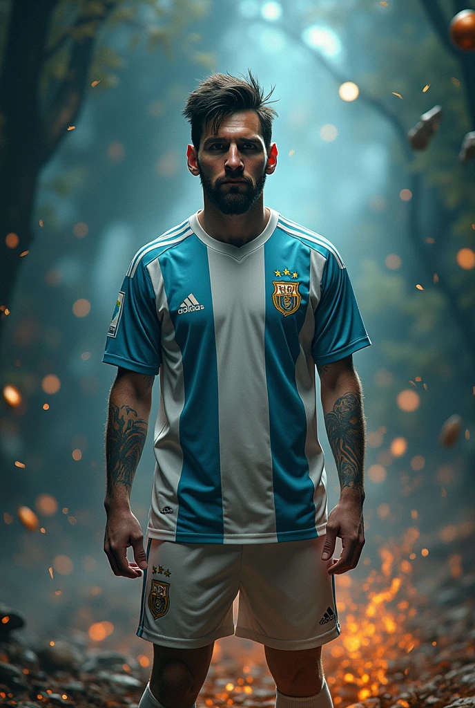 Create an image in which the football player Lionel Messi is, Harry Potter,