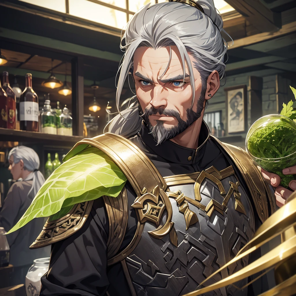 Middle aged man. eyeballs. greens. half gray hair ponytail. arrogant face. Gray clothes with gold Viking style details and armor. Background tavern full of people.