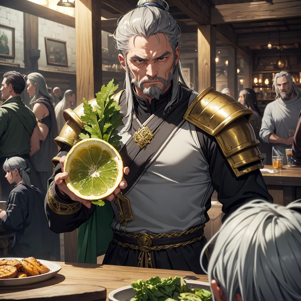 Middle aged man. eyeballs. greens. half gray hair ponytail. arrogant face. Gray clothes with gold Viking style details and armor. Background tavern full of people.