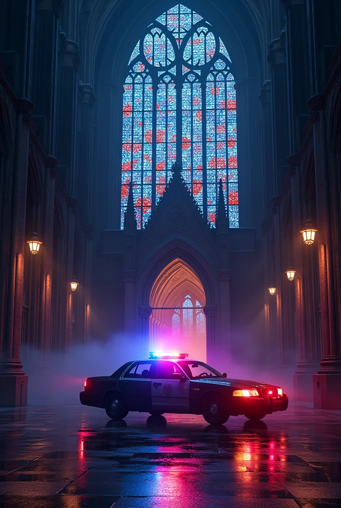 Give me a morphed album cover image of a cop cars lights & blue and red cathedral stained glass
Cop car outside the church. Blue and red stained glass