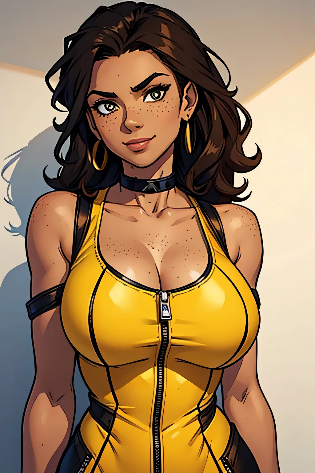 Slim athletic woman, age 25, 4K (High definition), mysterious smile, seducing gaze, eyes browns, wearing a yellow dress ((with zipper and v-neck)), choker, arms positioned at the side of the body, brown skin, loose curly black hair ((at shoulder height)), standing (upper body), curvy with freckles on her chest and neck, big round breasts. High-quality Marvel style, white background.