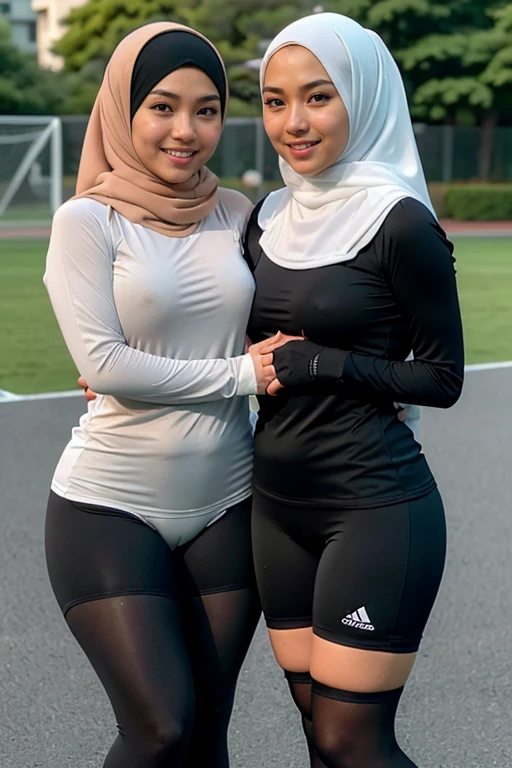 RAW, Best quality, high resolution, Masterpiece: 1.3), Beautiful malay woman in adidas sports outfit wearing bawal style hijab, non naked, wearing jersey outfit, ((2 females, lesbians, grabbing each others breasts, groping breasts)), flawless face, cute face, pretty malay face, beautiful white teeth, Masterpiece, Perfect plump body, full body, big tight breasts, sexy soccer outfit, ((wearing black bawal style hijab, wide and long hijab)), covered in cum, soaked in semen, beautiful big eyes, watery eyes, Soft smile, smiling, breezy, skin details, skin texture details, wide hips, thick thighs, sexy plump body, morning time, laughing, happy, bright sunshine, at football field, blurred background, bokeh, ((white, black and grey outfit, wearing baggy soccer shirt long sleeves, wearing black handsocks, wearing tight spandex, camel toe, wearing black long stockings)), ((standing, cameltoe, sexy legs)), ((hands above breasts)), ((wearing long black gloves))