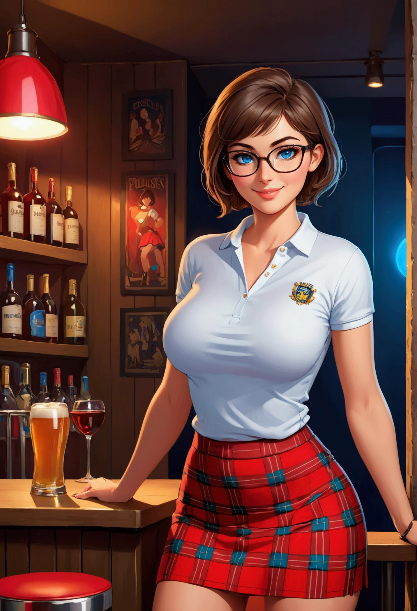 20 years old woman, Short brown hair, Méditerranéenne aux blue eye, Generous and heavy breasts, slender waist, estomac defini, fesses rebondies et pulpeuses, naturally curved, muscular thighs, aguicheuse, nightclub , blue eye, lunettes, red tartan skirt and polo shirt, ssmile