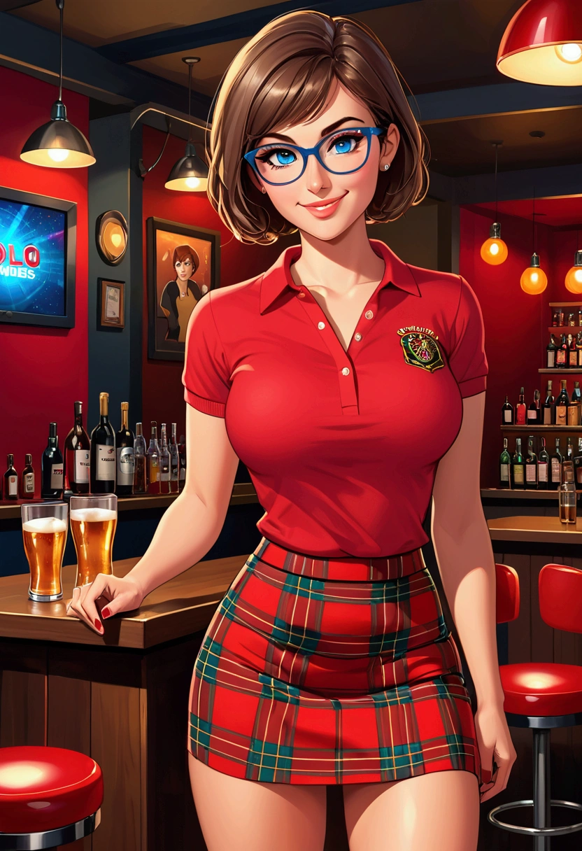 20 years old woman, Short brown hair, Méditerranéenne aux blue eye, Generous and heavy breasts, slender waist, estomac defini, fesses rebondies et pulpeuses, naturally curved, muscular thighs, aguicheuse, nightclub , blue eye, lunettes, red tartan skirt and polo shirt, ssmile