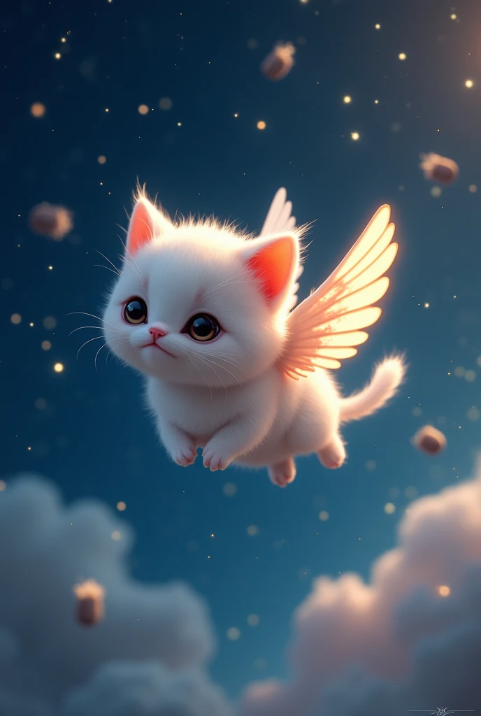A cute kitten with dove wings flying at night with stars , asteroids falling from the sky, with many sparks... 