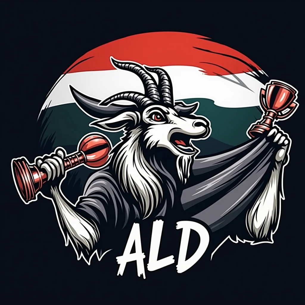 create a sports logo with the name ALD with a GOAT mascot holding a trophy with the word GOAT written inside with the Brazilian flag on the back