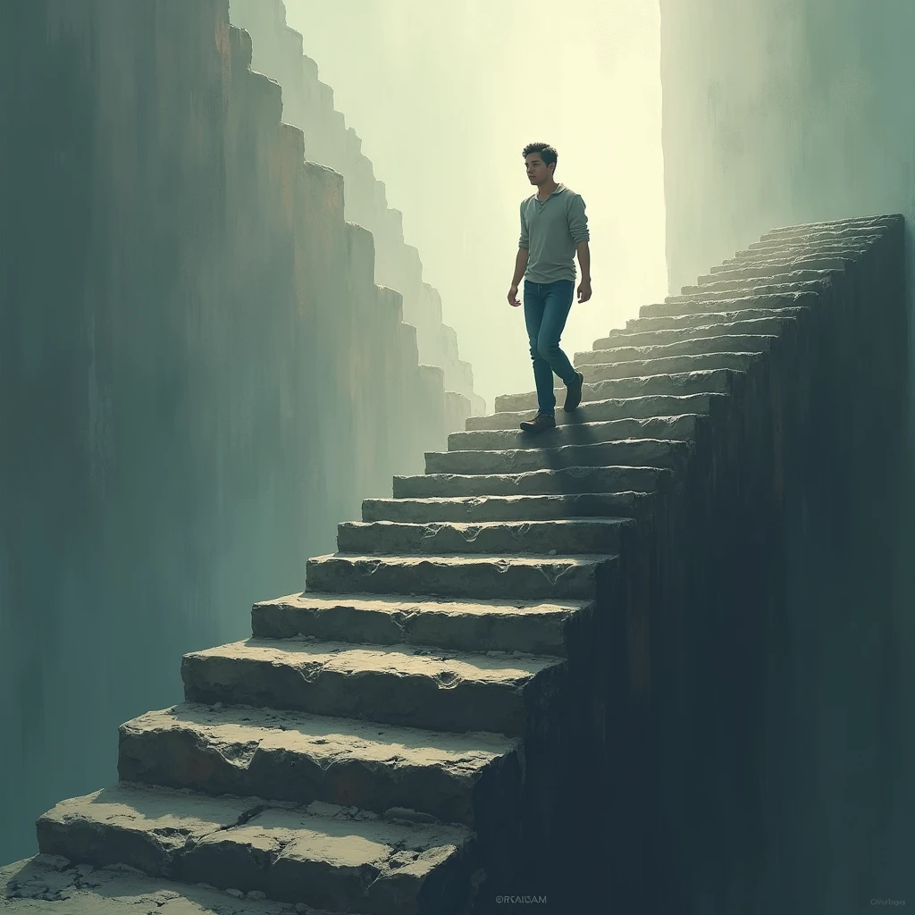 "Person climbing a steep staircase, each step representing a challenge overcome."