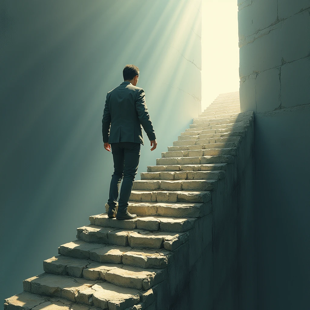 "Person climbing a steep staircase, each step representing a challenge overcome."