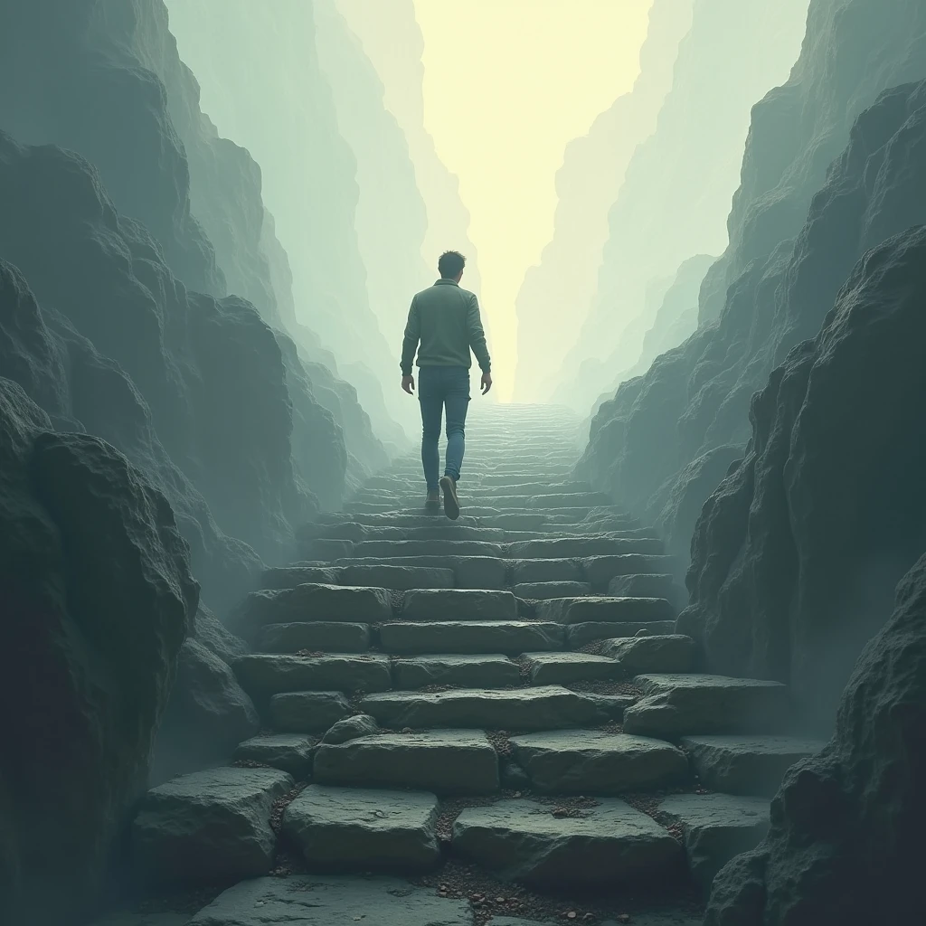 "Person climbing a steep staircase, each step representing a challenge overcome."