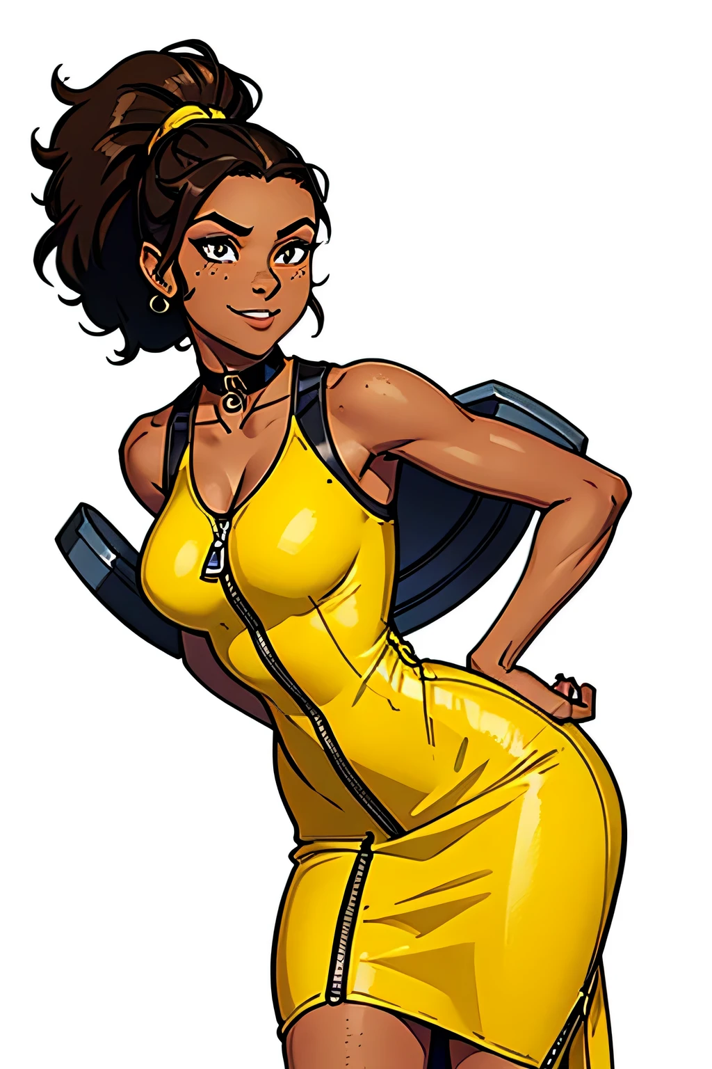 Slim athletic woman, age 25, 4K (High definition), beautiful smile, seducing gaze, eyes browns, wearing a yellow dress ((with zipper and v-neck)), choker, arms positioned at the side of the body, brown skin, loose curly black hair ((at shoulder height)), standing (upper body), curvy with freckles on her chest and neck, big round breasts. High-quality Marvel style, white background.