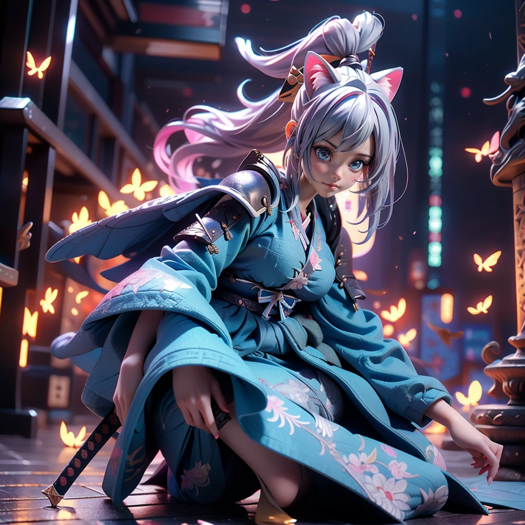 Moisturized Skin, (blue eyes), Realistic body, (Adult female body), Attractive breasts, ((Overlord color supremacy)), Energetic, 3DCG, front, Pink lipstick, (Silver Hair), ((Cat ear)), Beautiful Hair, Long Hair, ponytail, (((Samurai Armor: 1.3))), ((masterpiece + Highest quality + High resolution + Very detailedな)), (whole body: 1.2), Full fingers, Complete limbs, Anatomically correct, Textured skin, Very detailed, Anime with sword and butterfly wings in the sky, Demon Slayer Louis Fan Art, She has a sword, Pulling out the sword, Ayaka Genshin Impact,