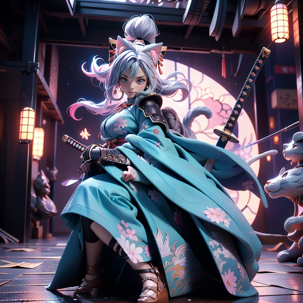 Moisturized Skin, (blue eyes), Realistic body, (Adult female body), Attractive breasts, ((Overlord color supremacy)), Energetic, 3DCG, front, Pink lipstick, (Silver Hair), ((Cat ear)), Beautiful Hair, Long Hair, ponytail, (((Samurai Armor: 1.3))), ((masterpiece + Highest quality + High resolution + Very detailedな)), (whole body: 1.2), Full fingers, Complete limbs, Anatomically correct, Textured skin, Very detailed, Anime with sword and butterfly wings in the sky, Demon Slayer Louis Fan Art, She has a sword, Pulling out the sword, Ayaka Genshin Impact,