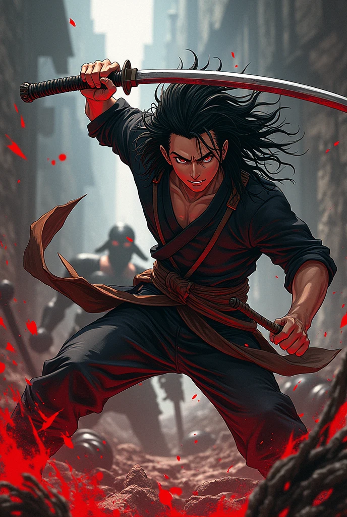 Tandjiro kamado avec un katana il ce batte avec des ennemis tranche la tête de l'adversaire