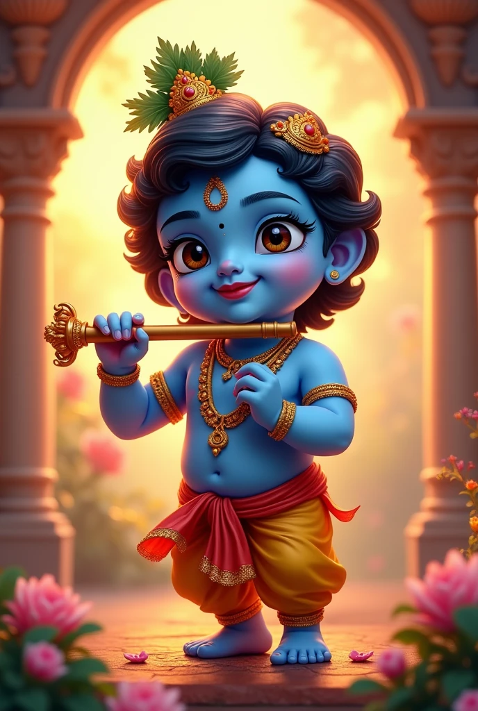 Main Krishna light blue skin with flute and subtitle happy Krishna Janmashtami