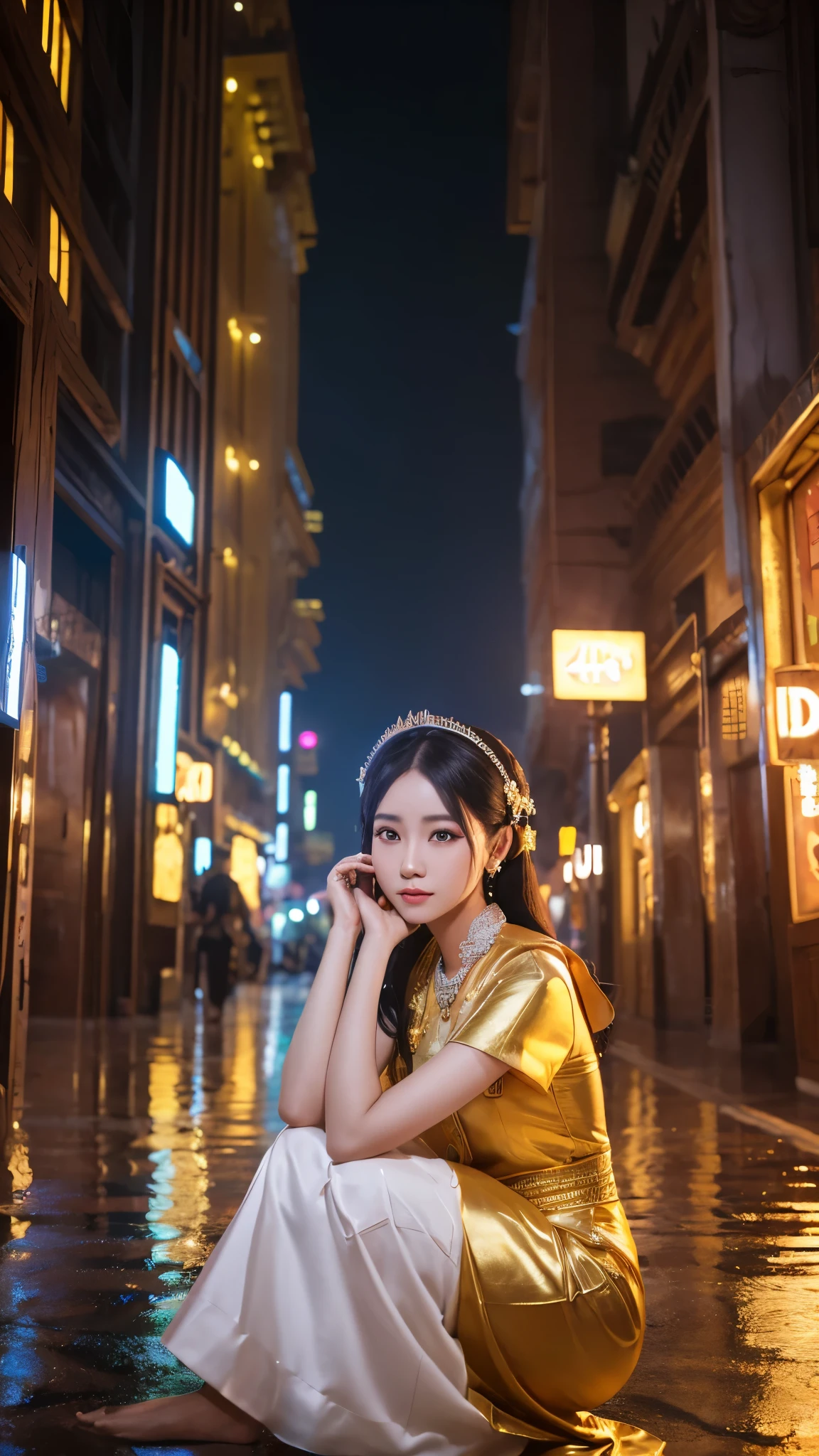 (8k, RAW Photos, besaint quality, masainterpiece:1.2), (realisaintic, photo-realisaintic:1.37),saint. Louis (Luxury Wheels) (Azur Lane),One person,(Myanmar girl), (aegyo sal:1),hair ornaments, Portraiture, (Myanmar traditional costume:1.1), necklace, Blue Claws,cute,Cityscape, night, rain, Wet, Professional Lighting, Photon Mapping, Radio City, Physically Based Rendering, Background Shwedagon Pagoda