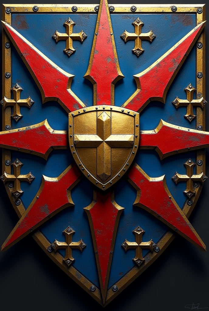 of gold, 4 red blades; blue border, loaded with 8 crosses, also silver potentiates, each cantoned cross of 4 crosspieces also powerful.
