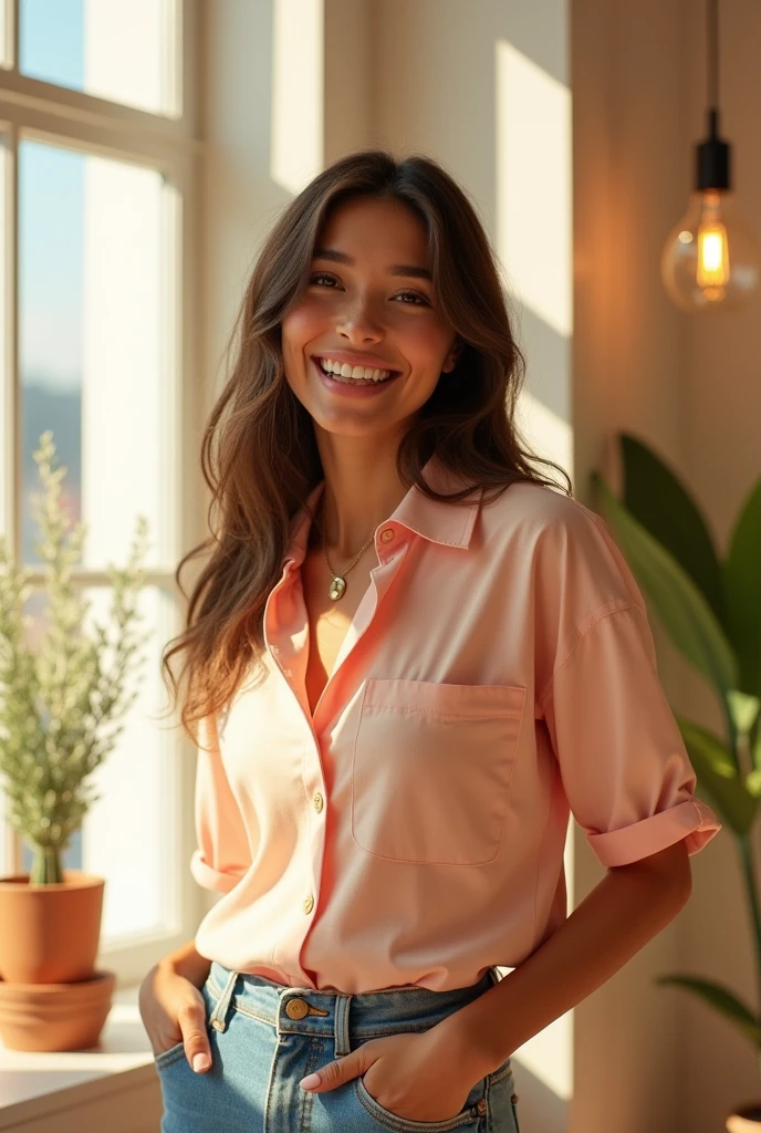 A charming Instagram model poses by a sunlit window, wearing a trendy outfit that shows off her vibrant personality. The model has a cheerful smile and her eyes are captivating, drawing viewers in. The interior atmosphere is modern and elegant, with minimalist decoration and soft pastel colors. The sunlight coming through the window highlights your features and creates a warm atmosphere. The camera captures the model in a medium shot, with a 50 mm lens, highlighting her natural beauty and fashion sense. The image is in high 4K resolution, with soft, natural lighting that enhances the model's skin tones and the colors of her outfit. The inspiration for this image comes from fashion photographers from platforms such as Instagram and Vogue. The rendering style focuses on realism and detailed textures, and the end result is a captivating portrait of