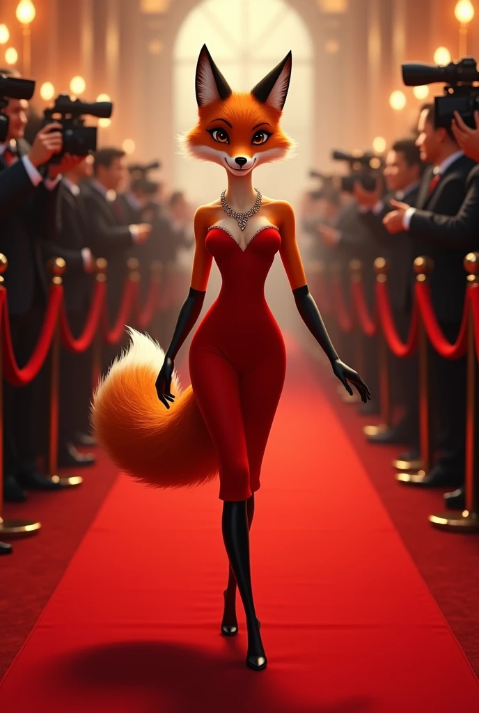 A fox in a super chic red dress walking down a red carpet