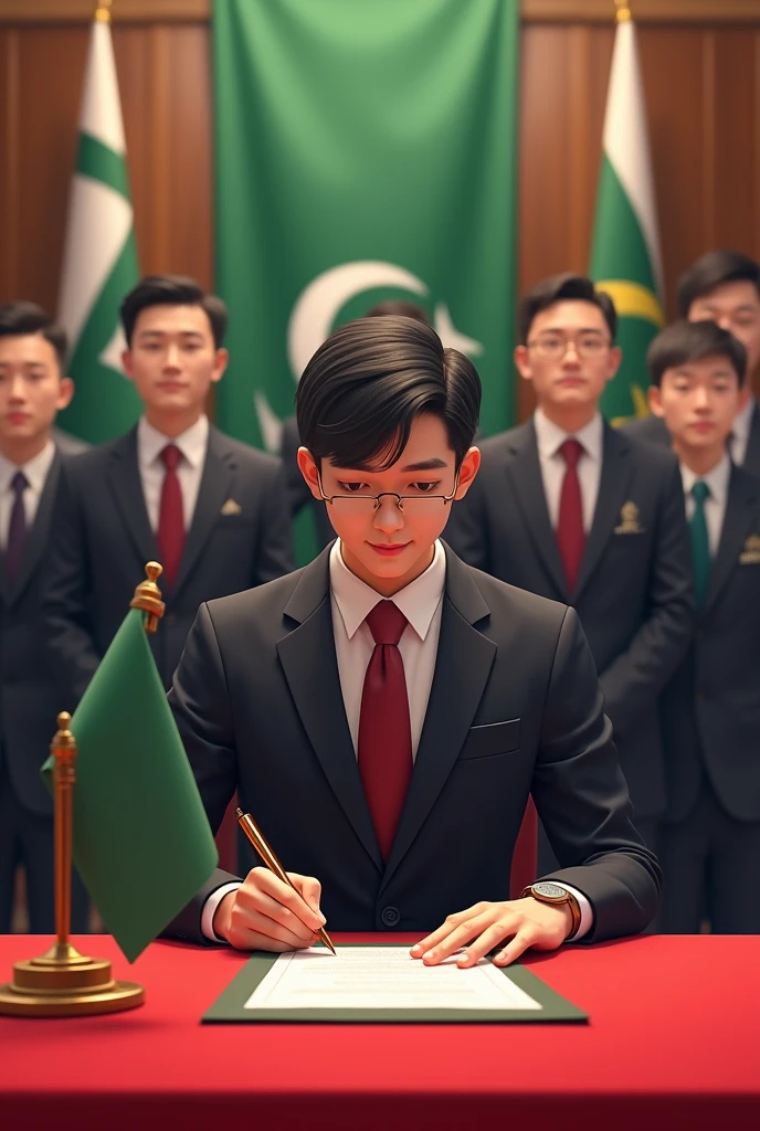 A 20 year old man on an expensive suit and a tie, sitting Infront of his audience signing documents with red seal.On the table is a green flag with a logo on it.The event takes place Infront of the company's headquarters.The majority part is on a red carpet more cleaner