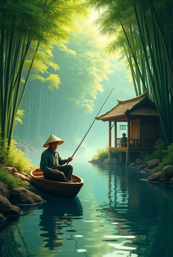 a lush bamboo forest, a tranquil stream running through, a rustic bamboo hut, a fisherman in a small boat, (best quality,4k,8k,highres,masterpiece:1.2),ultra-detailed,(realistic,photorealistic,photo-realistic:1.37),vibrant colors,natural lighting,serene atmosphere,stunning landscape,detailed foliage,reflections in water,traditional asian architecture,weathered bamboo textures,skilled fisherman pose