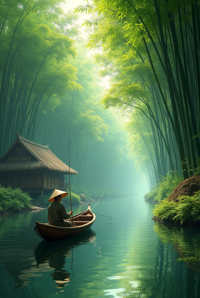 a lush bamboo forest, a tranquil stream running through, a rustic bamboo hut, a fisherman in a small boat, (best quality,4k,8k,highres,masterpiece:1.2),ultra-detailed,(realistic,photorealistic,photo-realistic:1.37),vibrant colors,natural lighting,serene atmosphere,stunning landscape,detailed foliage,reflections in water,traditional asian architecture,weathered bamboo textures,skilled fisherman pose