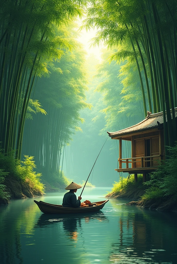a lush bamboo forest, a tranquil stream running through, a rustic bamboo hut, a fisherman in a small boat, (best quality,4k,8k,highres,masterpiece:1.2),ultra-detailed,(realistic,photorealistic,photo-realistic:1.37),vibrant colors,natural lighting,serene atmosphere,stunning landscape,detailed foliage,reflections in water,traditional asian architecture,weathered bamboo textures,skilled fisherman pose