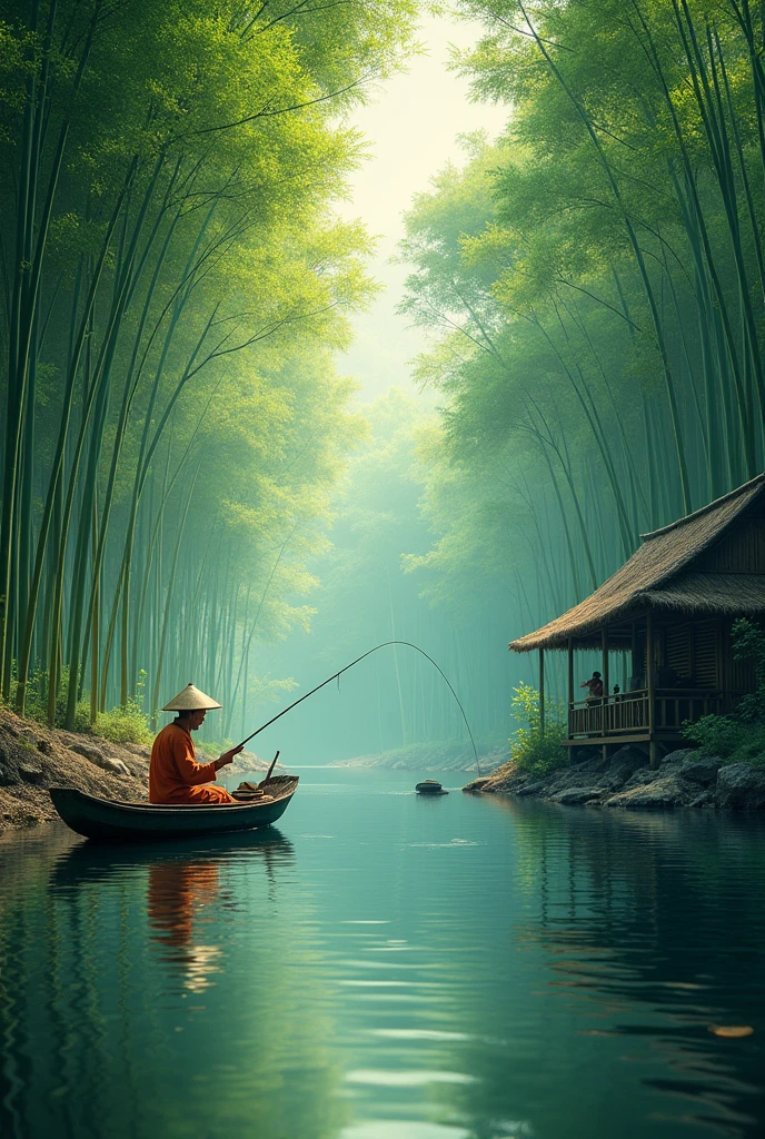 a lush bamboo forest, a tranquil stream running through, a rustic bamboo hut, a fisherman in a small boat, (best quality,4k,8k,highres,masterpiece:1.2),ultra-detailed,(realistic,photorealistic,photo-realistic:1.37),vibrant colors,natural lighting,serene atmosphere,stunning landscape,detailed foliage,reflections in water,traditional asian architecture,weathered bamboo textures,skilled fisherman pose