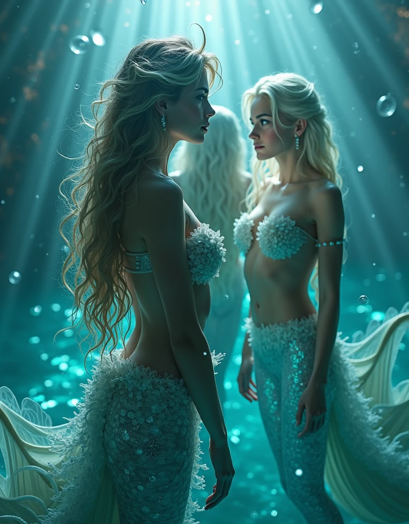 (masterpiece,Distinguished Quality,Mirror-like,Cinematic Experience,insanely detailed,absurdres),8k,full image shot),(3 females), the shimmering, iridescent depths of an enchanted ocean, mesmerizing sirens, (tales:2:0), big breasts, nipples ,8k, slim waist, shimmering scales on a tale, luminous, pearlescent skin glistening with dew, long, flowing hair a wild tangle of seaweed and glittering, gemstone-encrusted locks, as their piercing, aquamarine eyes gleam with an otherworldly allure, shimmering, crystalline tail glimmers with a soft, ethereal light, beckoning sailors to their doom with a haunting, melodic song that echoes through the mystical, moonlit waves, Imagine the captivating, underwater scene!