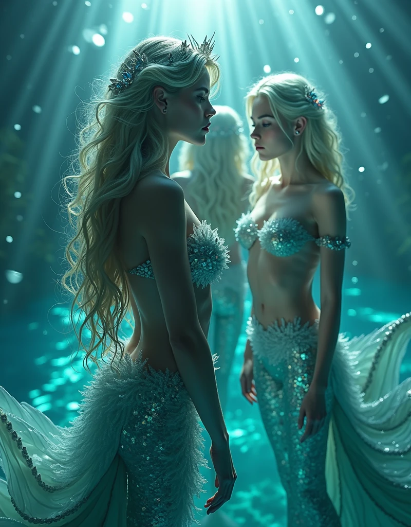 (masterpiece,Distinguished Quality,Mirror-like,Cinematic Experience,insanely detailed,absurdres),8k,full image shot),(3 females), the shimmering, iridescent depths of an enchanted ocean, mesmerizing sirens, (tales:2:0), big breasts, nipples ,8k, slim waist, shimmering scales on a tale, luminous, pearlescent skin glistening with dew, long, flowing hair a wild tangle of seaweed and glittering, gemstone-encrusted locks, as their piercing, aquamarine eyes gleam with an otherworldly allure, shimmering, crystalline tail glimmers with a soft, ethereal light, beckoning sailors to their doom with a haunting, melodic song that echoes through the mystical, moonlit waves, Imagine the captivating, underwater scene!
