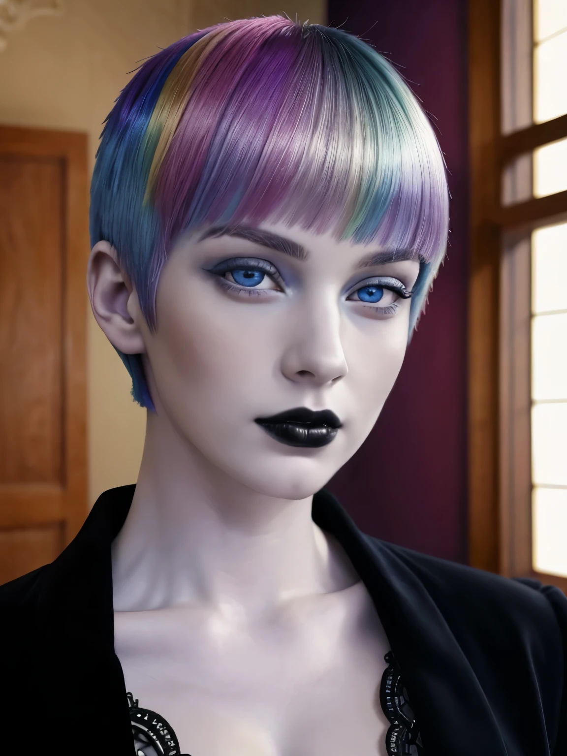 (masterpiece), (extremely intricate:1.3), (realistic), 1girl, solo, goth, pale skin, rainbow hair, buzz cut, detailed blue eyes, portrait, looking at viewer, big breasts, indoors
