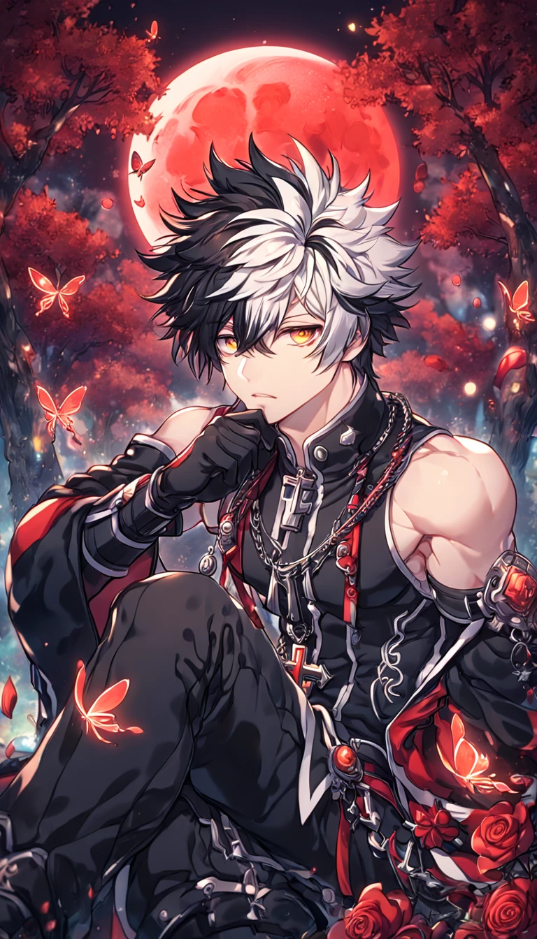 absurdres, highres, ultra detailed, HDR, master piece, best quality, extremely detailed, detailed face, detailed eyes, Raven, spiked hair, bicolor hair, right side black hair, left side white hair, expressive yellow eyes, Elsword, solo, sexy man, handsome, manly man sitting, adult face, black coat, sleeveless, detached sleeves, cross necklace, black gloves, black pants, close up, magical, fantasy, under a red trees, forest, red leaves, red flames, red moon, red fireflies, red roses, red butterflies, glass magic