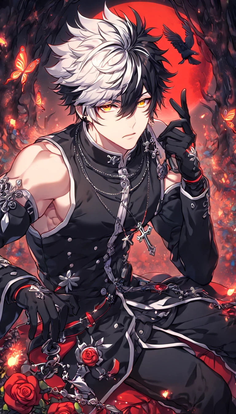 absurdres, highres, ultra detailed, HDR, master piece, best quality, extremely detailed, detailed face, detailed eyes, Raven, spiked hair, bicolor hair, right side black hair, left side white hair, expressive yellow eyes, Elsword, solo, sexy man, handsome, manly man sitting, adult face, black coat, sleeveless, detached sleeves, cross necklace, black gloves, black pants, close up, magical, fantasy, under a red trees, forest, red leaves, red flames, red moon, red fireflies, red roses, red butterflies, glass magic