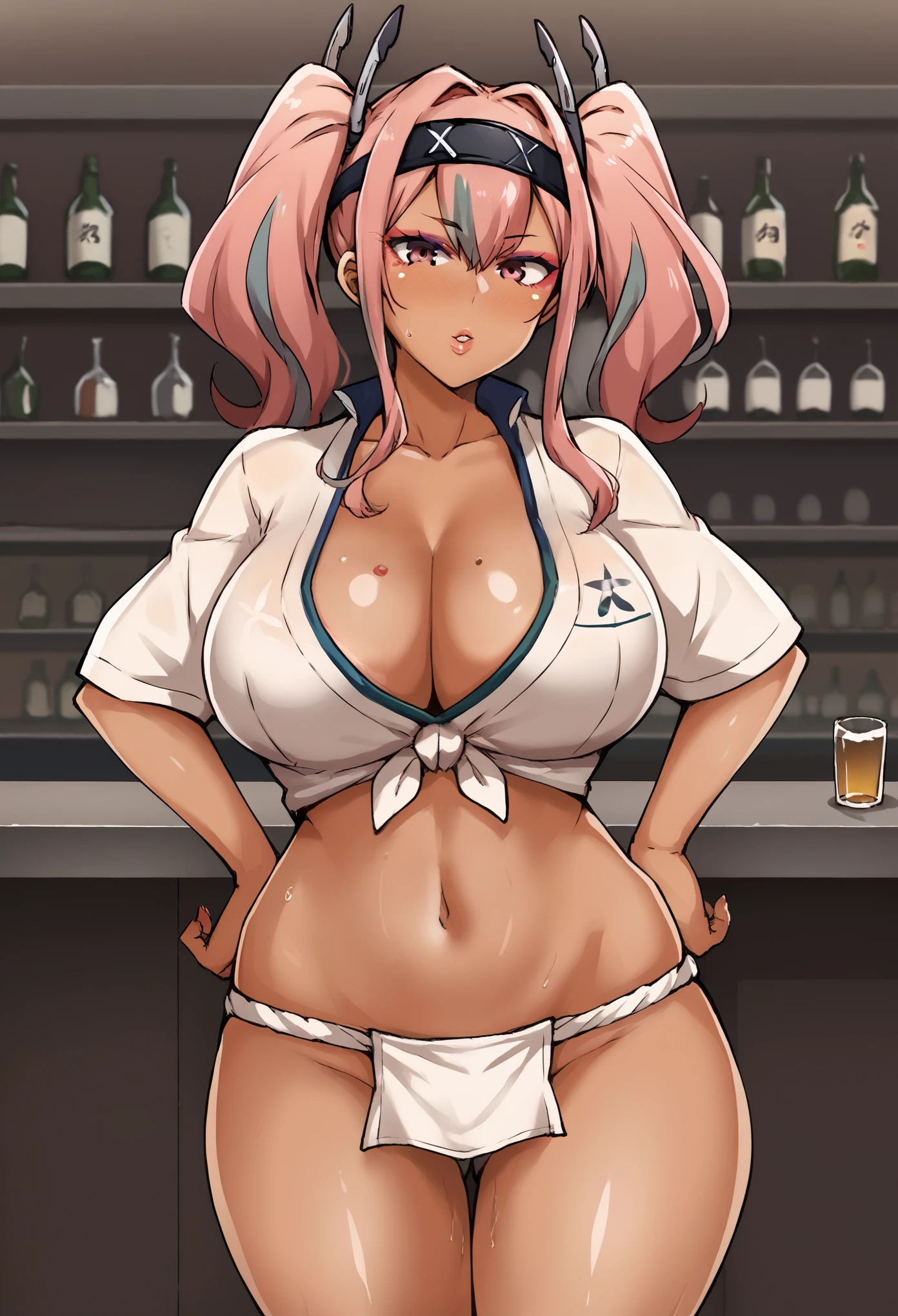 Score_9, score_8_up, score_7_up, score_6_up, score_5_up, score_4_up, source_anime, solo, 1girl, mature female, bremerton_\(azur_lane\), dark skin, dark-skinned female, makeup, eyeshadow, parted lips, Gyaru, tanned skin, shiny skin, metallic tan, colored skin, jet-black skin, mizu happi, fundoshi, japanese clothes, happi, tied shirt, headband, sarashi, cleavage, collarbone, navel, BREAK light blush, glass, bar, dim lighting, drunk, horny, inviting to join