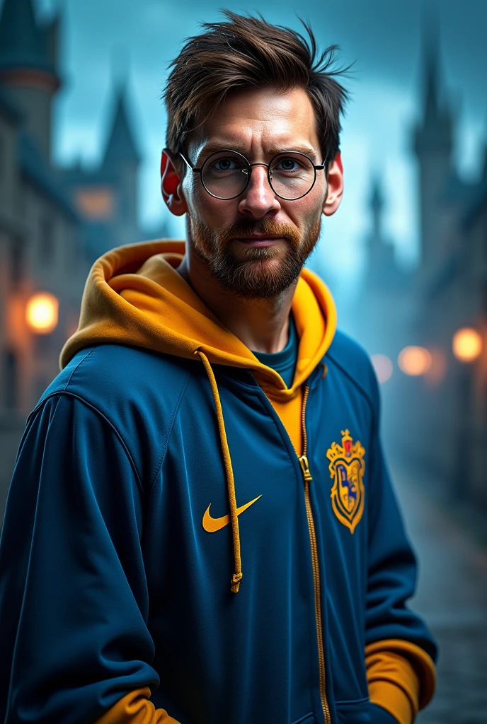 Lionel Messi dressed as Harry Potter in blue and yellow clothes, 
