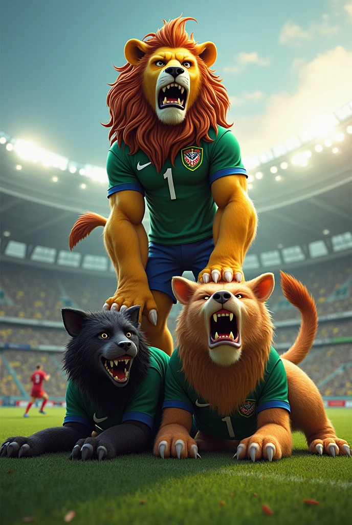 In Brazil there is a football championship where the Fortaleza team is in first place, followed by Botafogo, Palmeiras and Flamengo.
Could you generate an image where the Fortaleza mascot, A strong lion, is on top of the other pets lying on the ground.
The mascots lying on the floor are a black dog from Botafogo, um porco do Palmeiras e a vulturer preto do Flamengo.
All this on a football field.
The pets on the ground must be a black dog, a vulture (ave) and a pig. They are dead, Sad, wounded. wearing no shirt.
