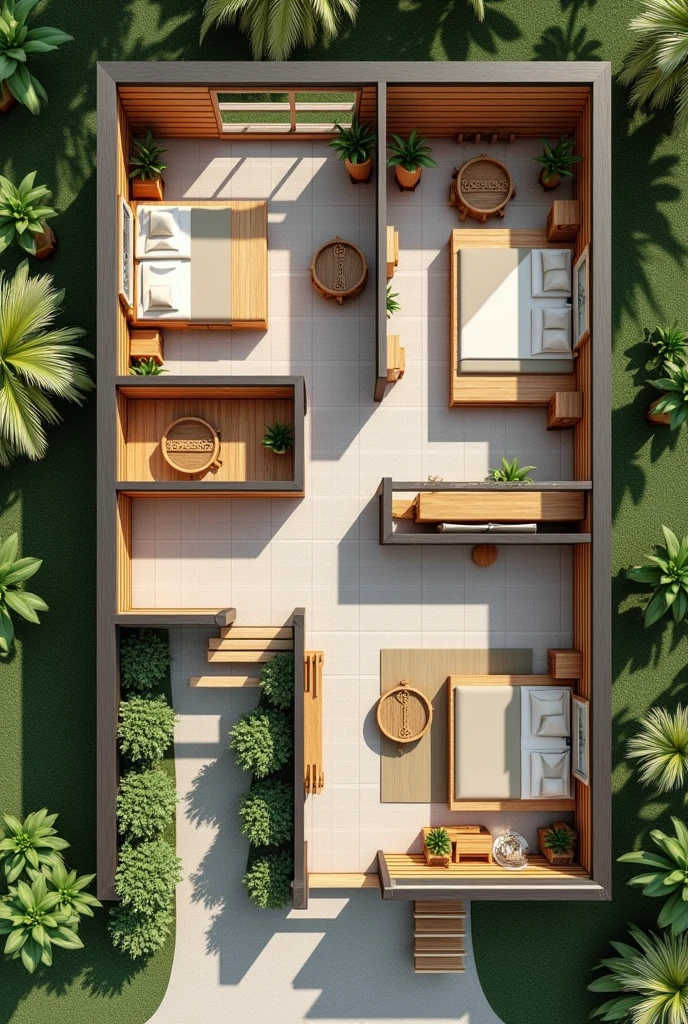 Create a 1-story floor plan with the tropical architect with 40 square meters and 2 bedrooms, 1 office, 1 American kitchen, 1 office, 2 bathrooms, 1 room , service area and stairs