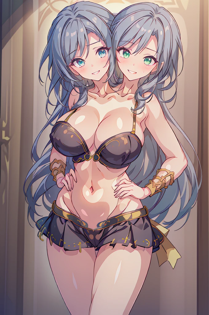 (masterpiece, best quality), best quality, (ultra-detailed), (3heads:1.5), 1girl, (himemushi momoyo:1.3), masterpiece, best quality, ultra quality, ultra resolution, ultra detail, black top, crop top, ((stomach)), midriff, ((groin)), black skirt, normal ears, shackles, grey hair, very long hair, wavy hair, sidelocks, green eyes, detailed eyes, parted lips, smiling, smirk, grin, cute, open belly, toned belly, hand on own chest, hands on the hips, eyelashes, (2 woman:1.3), (masterpiece:1.5), (best quality:1.5), (beautiful detailed), extremely detailed CG, extremely delicate and beautiful, depth of field, (finely detailed face), (perfect details:1.2), (mature female:1.4), wide pelvis, slender, large veiny breast, 16k resolution, highres, high quality, high definition, extremely detailed, masterpiece, grey hair, long hair, alluring presence, braid, short skirt, close up, very big tits, huge breasts, young, arm ribbon, necklace, open belly, girl with three heads, three headed girl,