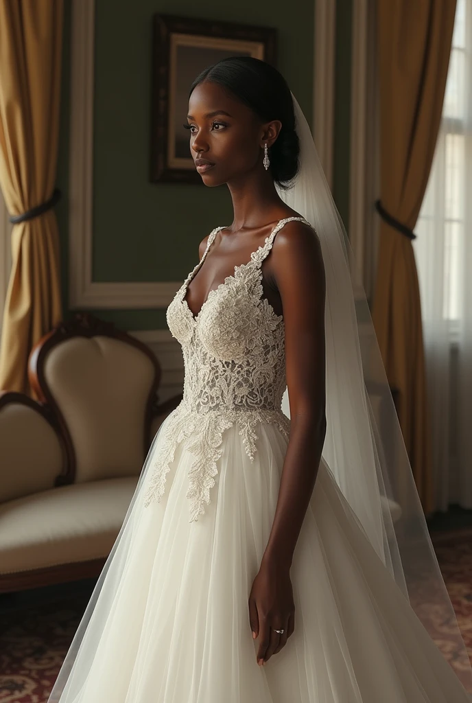Generate an image of a sad black skinny curvy beautiful bride in a nice interior