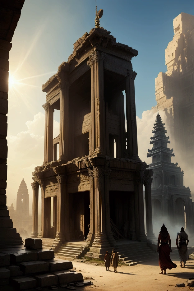 The group comes out into the light of day, with the temple collapsing in the distance.