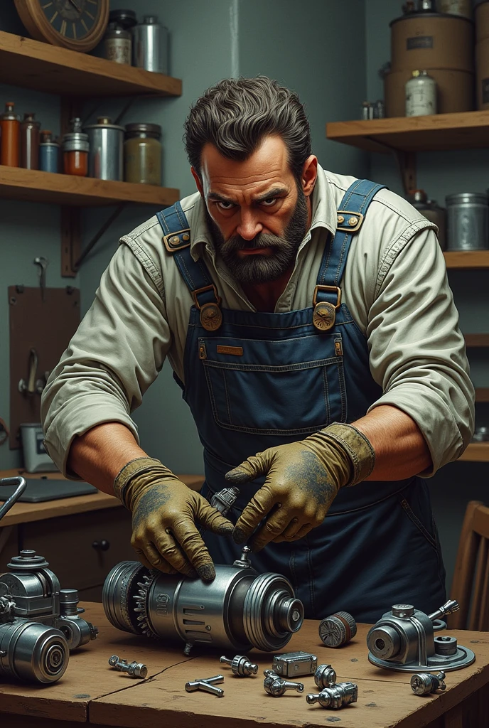 ((best qualityer)), ((work of art)), (detailded), a motorcycle mechanic man named: JKL OFFICE