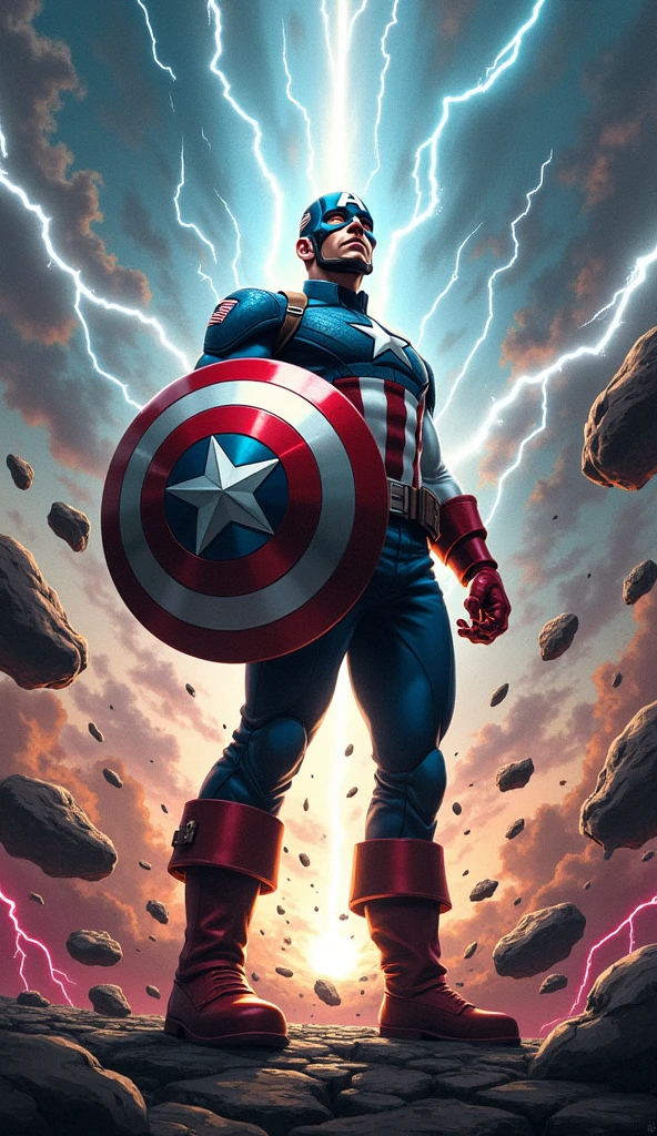 Depict Captain America at the center of a chaotic temporal paradox, with his shield raised defensively as time begins to unravel around him. The environment fractures into shards of different timelines, reflecting key moments from his life. Captain America stands firm, his expression a mix of shock and determination, while temporal versions of himself appear out of sync. The sky splits into different times of day, with lightning and energy arcs connecting the fragments. The atmosphere is tense, with reality tearing apart, and Captain America bracing against the overwhelming force of the paradox forming around him